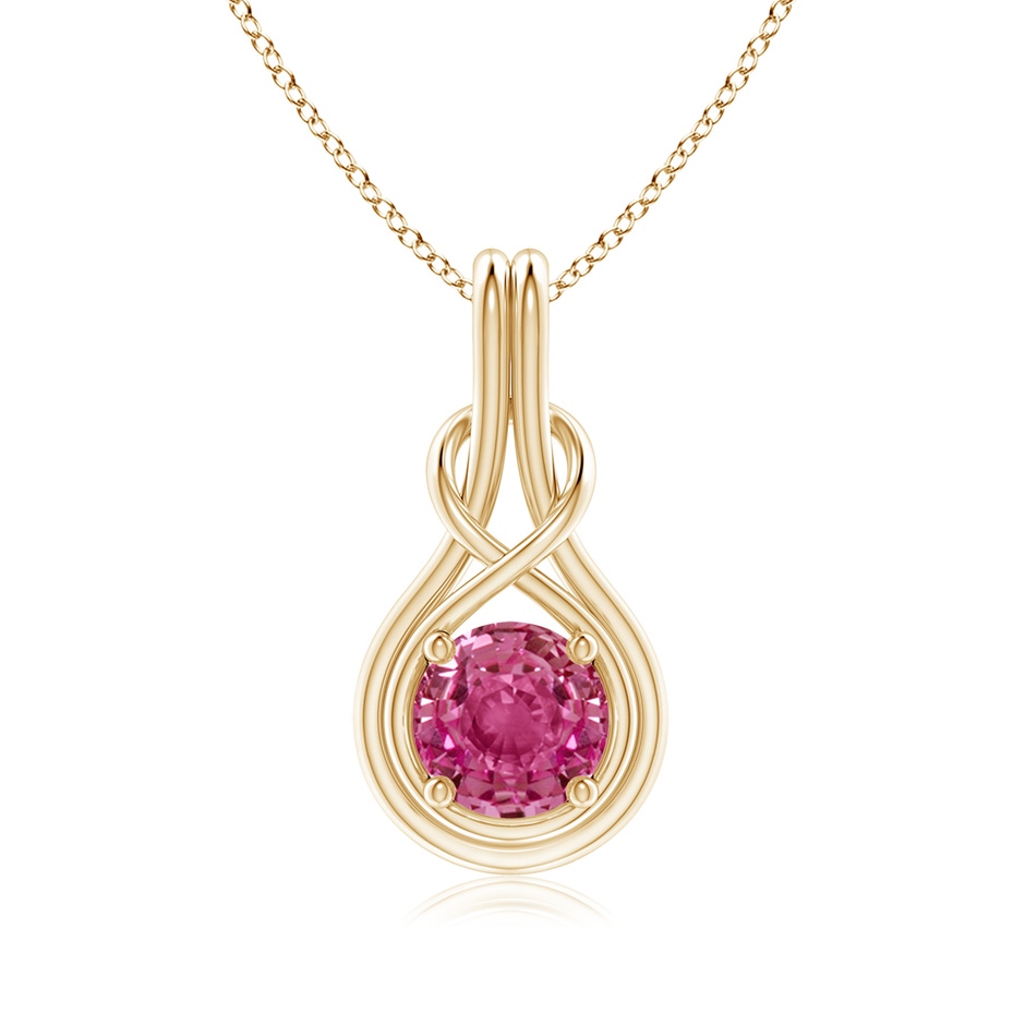 7mm AAAA Round Pink Sapphire Solitaire Infinity Knot Pendant in Yellow Gold 