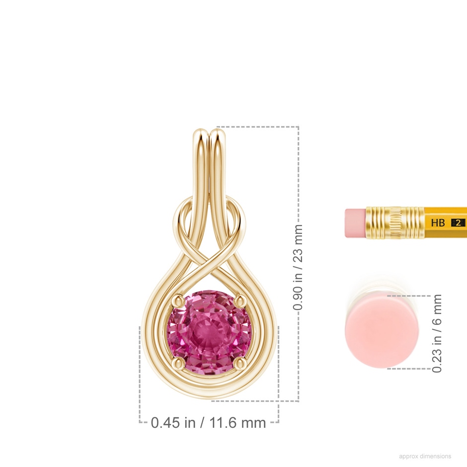 7mm AAAA Round Pink Sapphire Solitaire Infinity Knot Pendant in Yellow Gold ruler