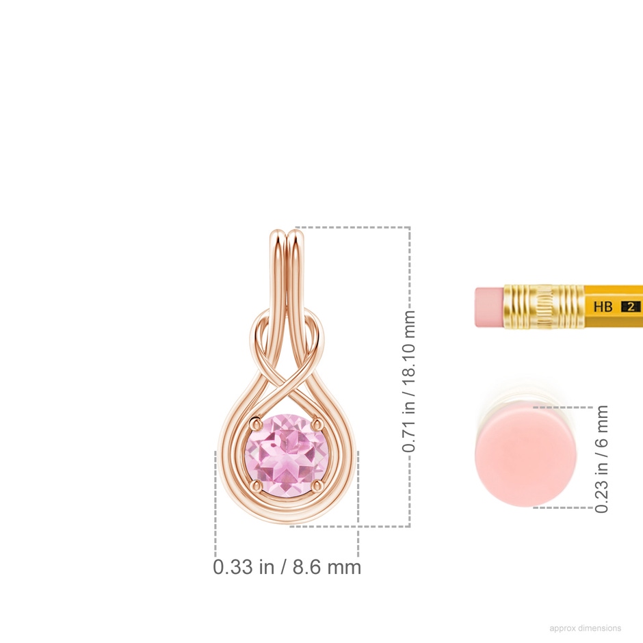 5mm A Round Pink Tourmaline Solitaire Infinity Knot Pendant in Rose Gold ruler