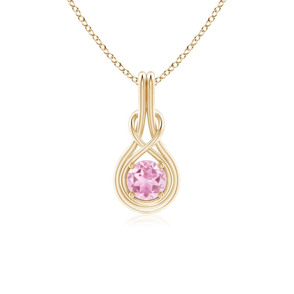 5mm A Round Pink Tourmaline Solitaire Infinity Knot Pendant in Yellow Gold 