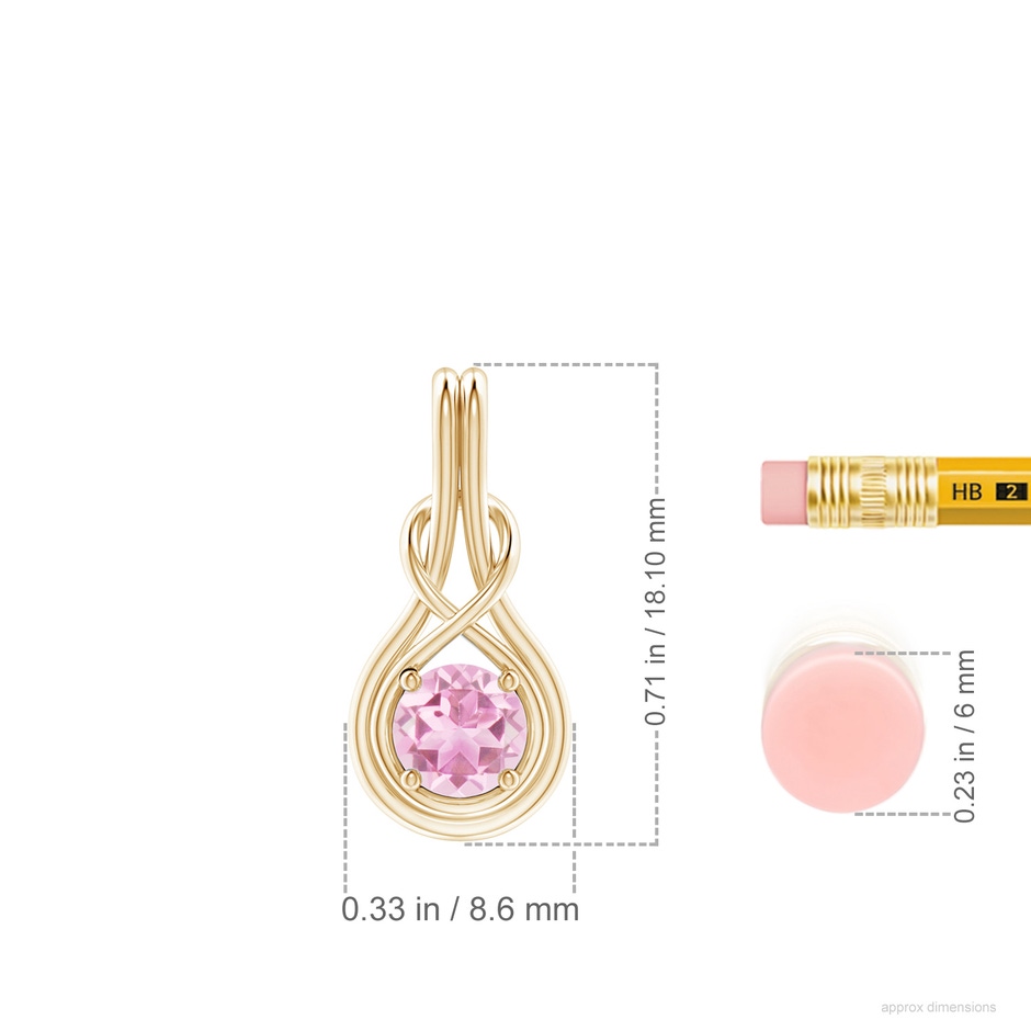 5mm A Round Pink Tourmaline Solitaire Infinity Knot Pendant in Yellow Gold ruler