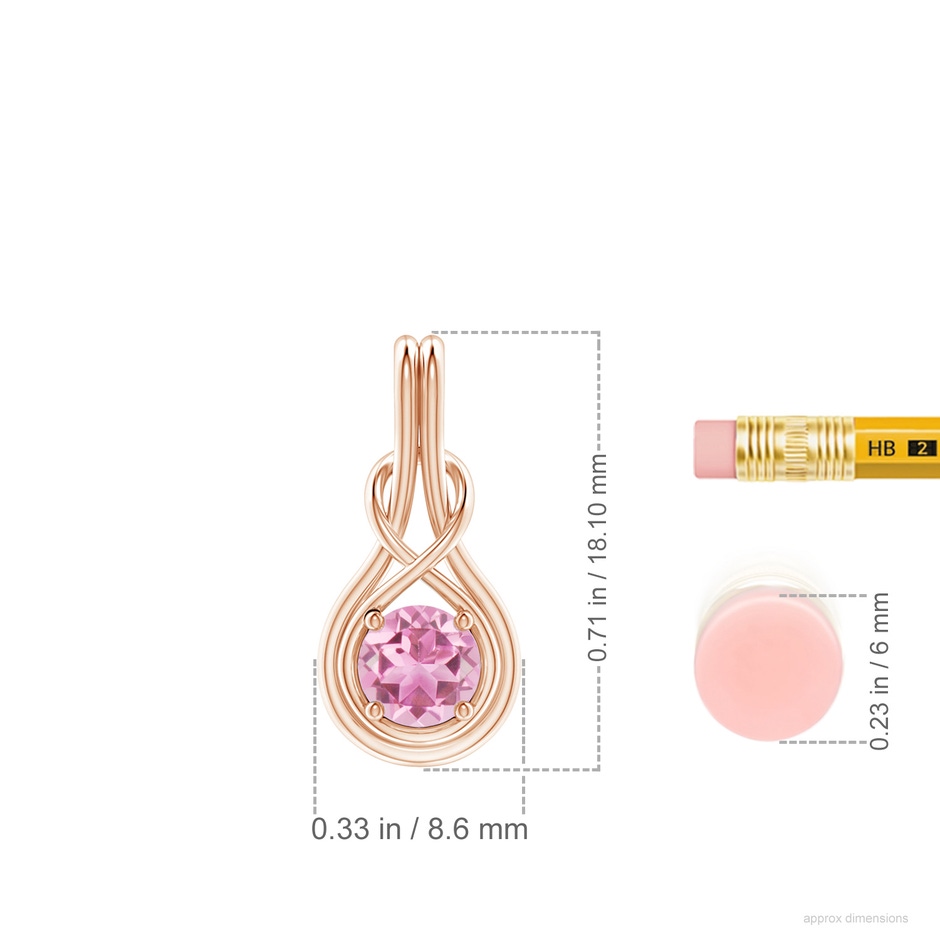5mm AA Round Pink Tourmaline Solitaire Infinity Knot Pendant in Rose Gold ruler