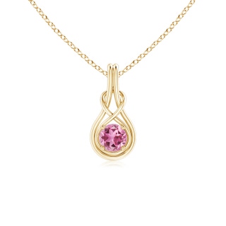 5mm AAA Round Pink Tourmaline Solitaire Infinity Knot Pendant in Yellow Gold