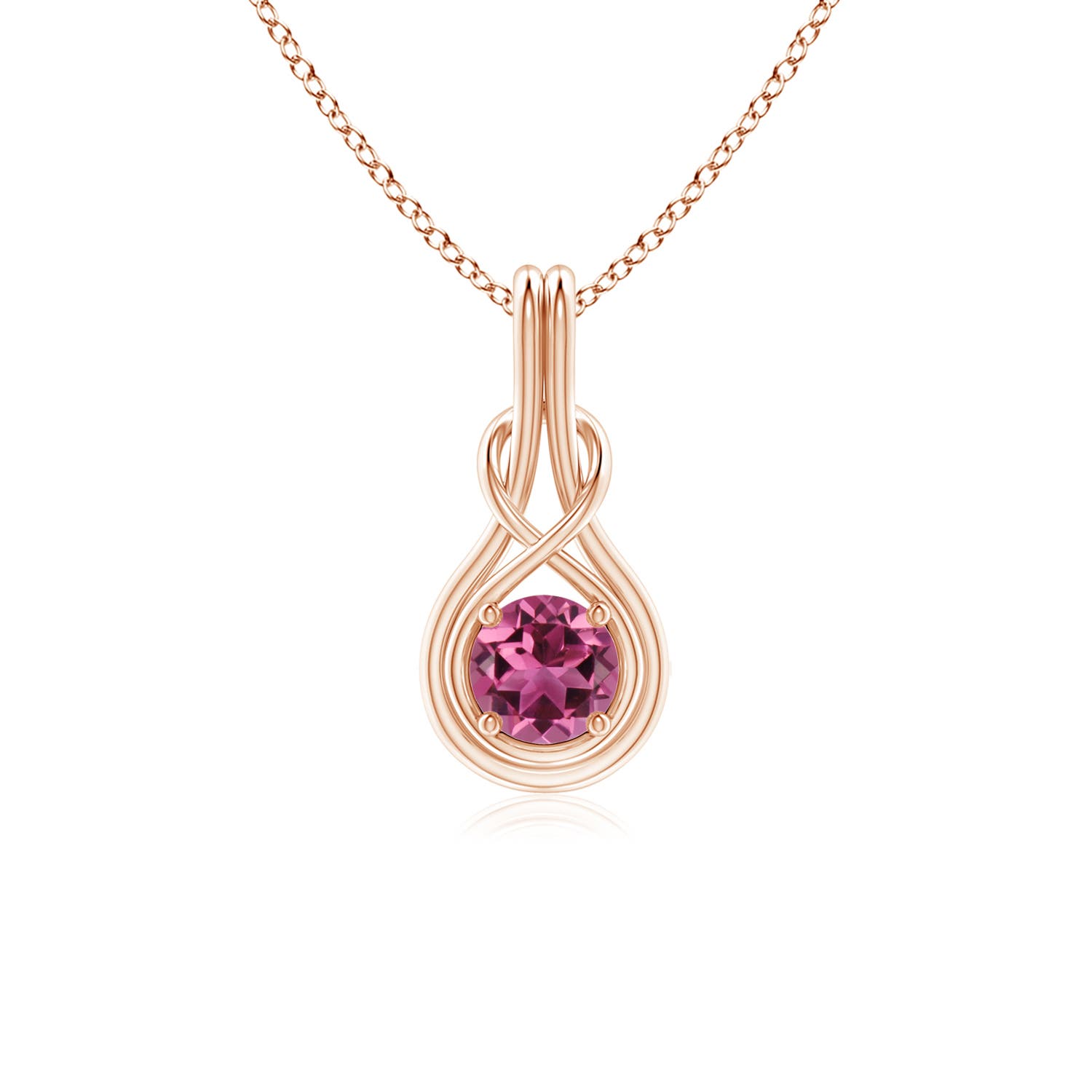 5mm AAAA Round Pink Tourmaline Solitaire Infinity Knot Pendant in Rose Gold