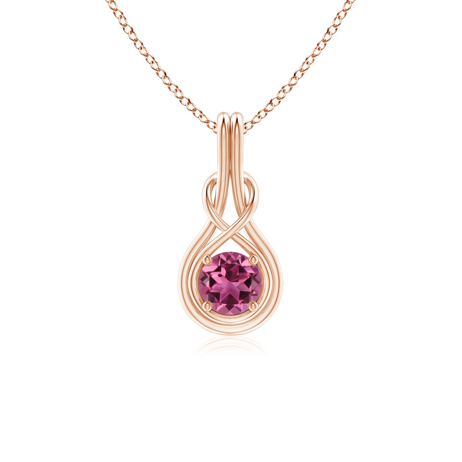 5mm AAAA Round Pink Tourmaline Solitaire Infinity Knot Pendant in Rose Gold 