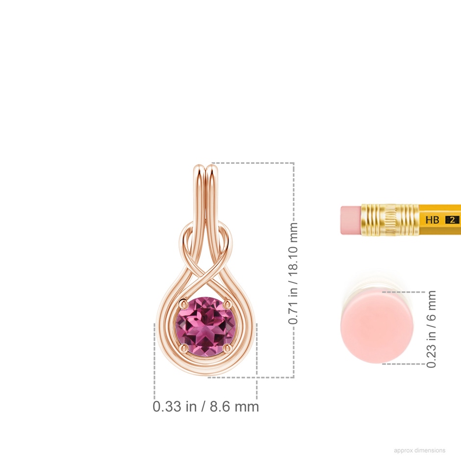 5mm AAAA Round Pink Tourmaline Solitaire Infinity Knot Pendant in Rose Gold ruler