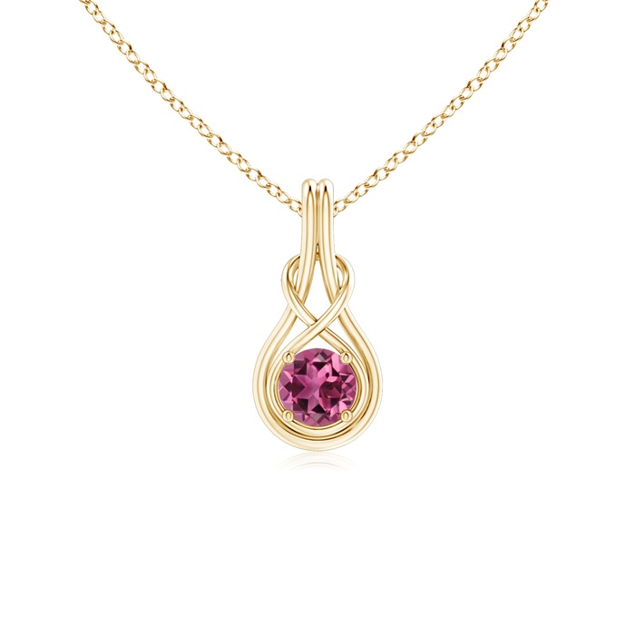 5mm AAAA Round Pink Tourmaline Solitaire Infinity Knot Pendant in Yellow Gold
