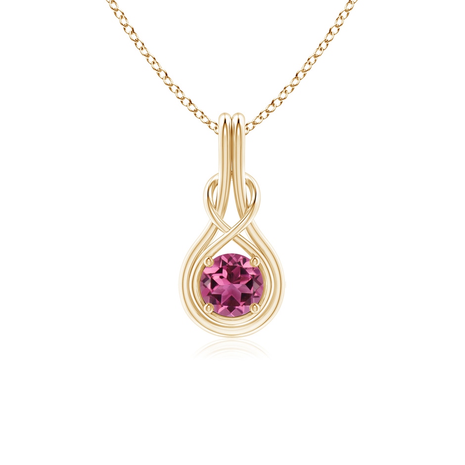 5mm AAAA Round Pink Tourmaline Solitaire Infinity Knot Pendant in Yellow Gold 