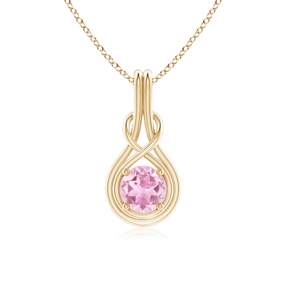 6mm A Round Pink Tourmaline Solitaire Infinity Knot Pendant in Yellow Gold 