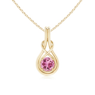 6mm AAA Round Pink Tourmaline Solitaire Infinity Knot Pendant in Yellow Gold