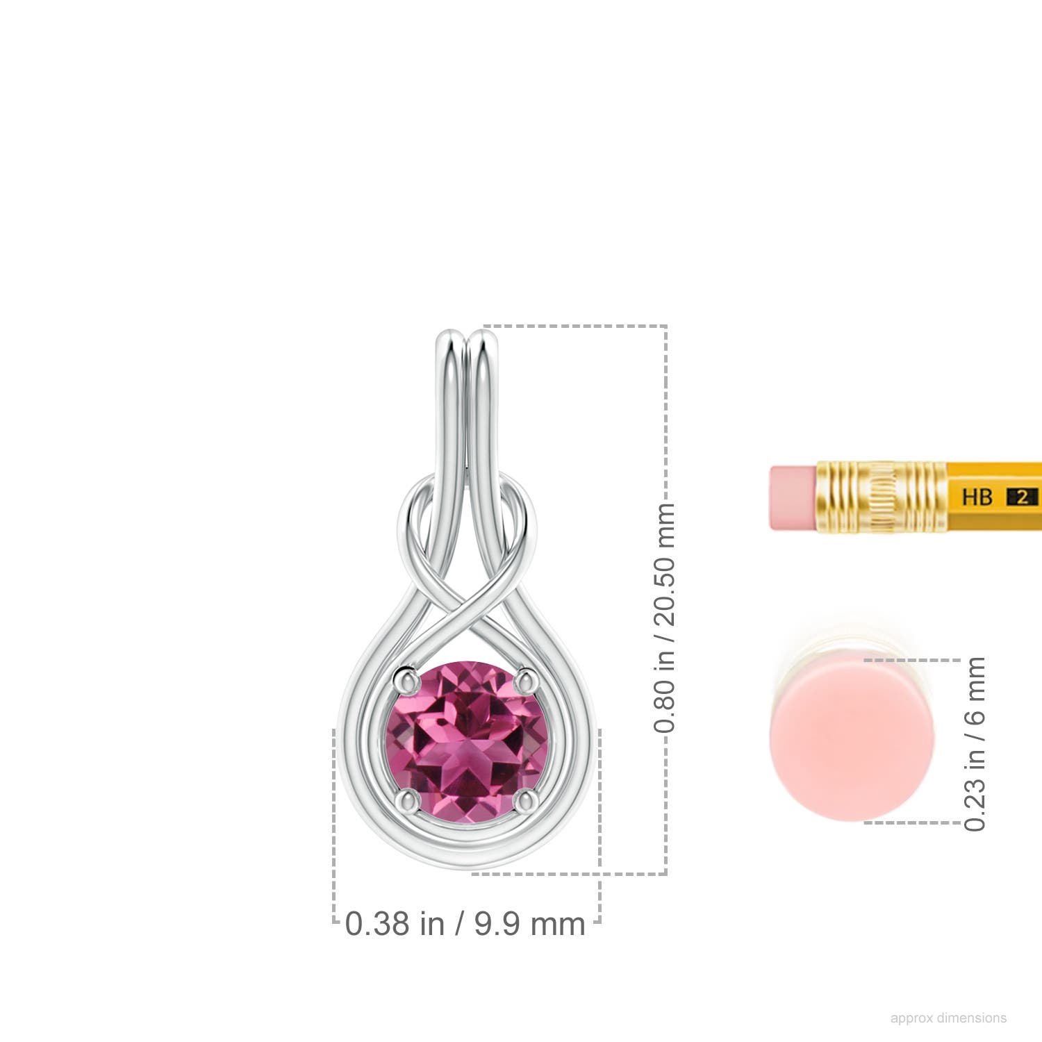 6mm AAAA Round Pink Tourmaline Solitaire Infinity Knot Pendant in White Gold - ruler