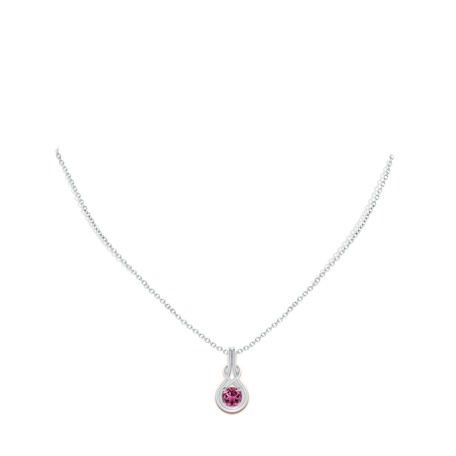 6mm AAAA Round Pink Tourmaline Solitaire Infinity Knot Pendant in White Gold - body_neck