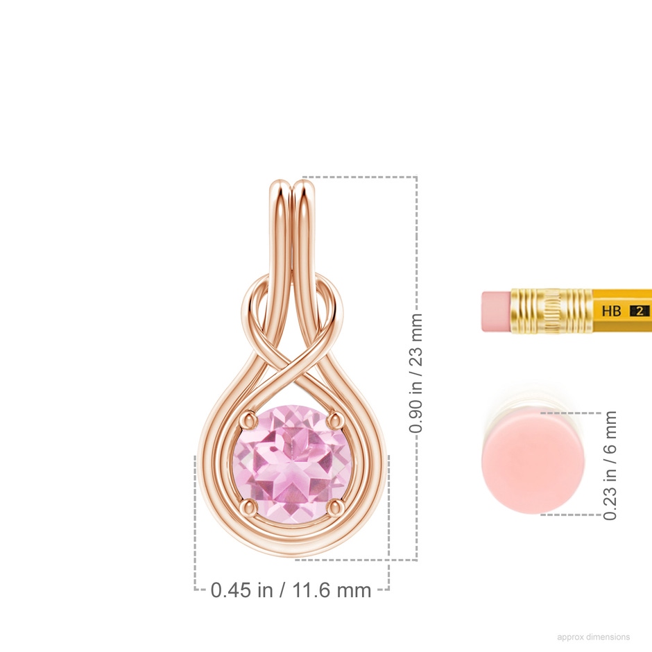 7mm A Round Pink Tourmaline Solitaire Infinity Knot Pendant in Rose Gold ruler