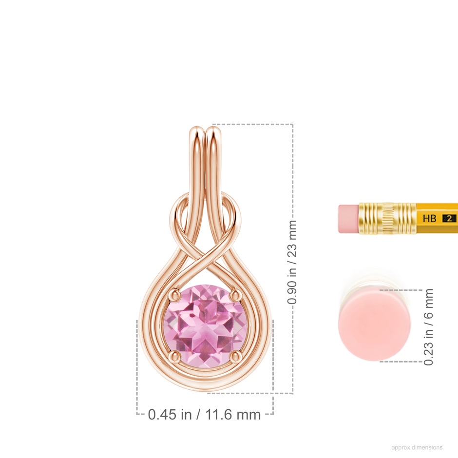 7mm AA Round Pink Tourmaline Solitaire Infinity Knot Pendant in Rose Gold ruler