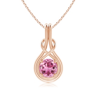 7mm AAA Round Pink Tourmaline Solitaire Infinity Knot Pendant in Rose Gold