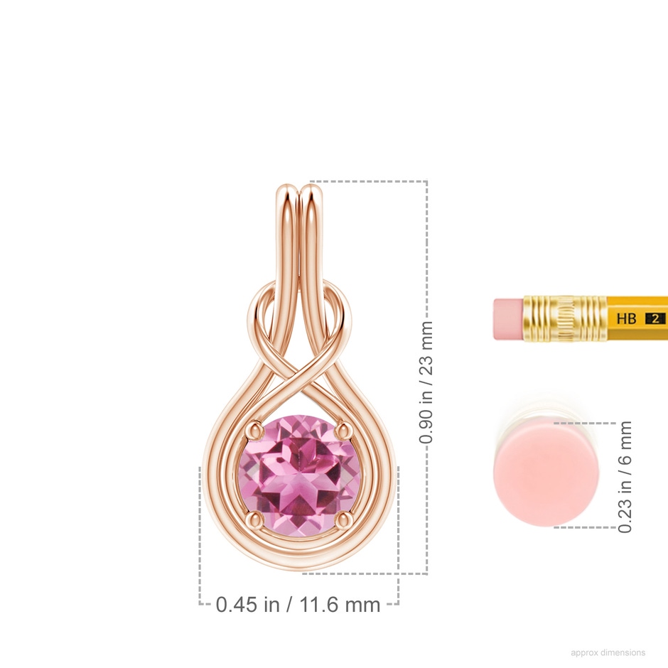 7mm AAA Round Pink Tourmaline Solitaire Infinity Knot Pendant in Rose Gold ruler