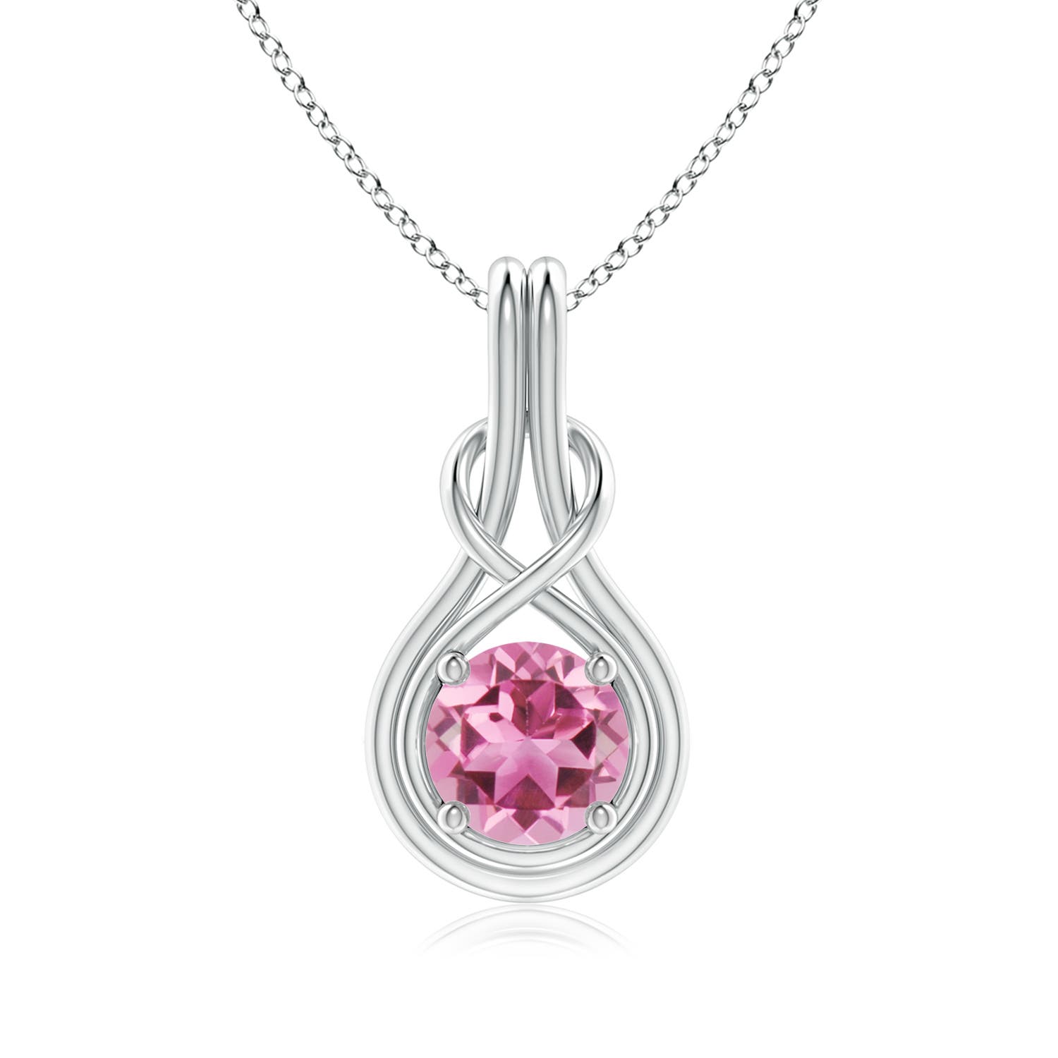 7mm AAA Round Pink Tourmaline Solitaire Infinity Knot Pendant in White Gold