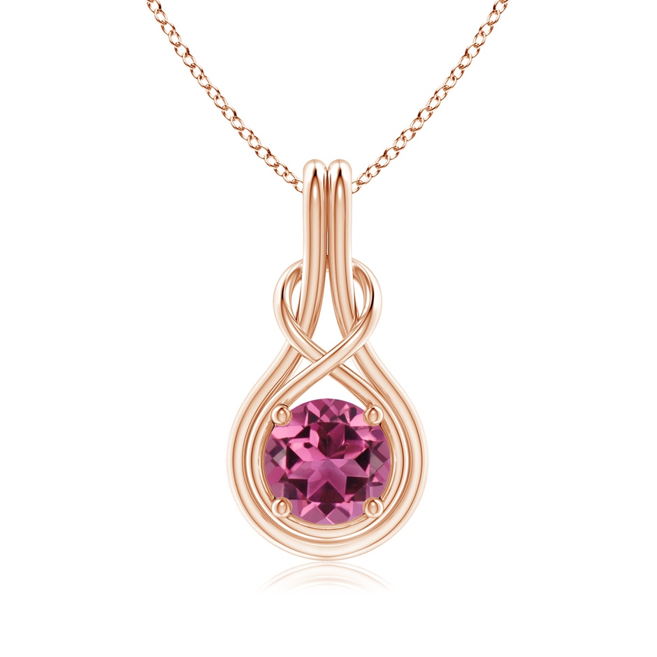 7mm AAAA Round Pink Tourmaline Solitaire Infinity Knot Pendant in Rose Gold 