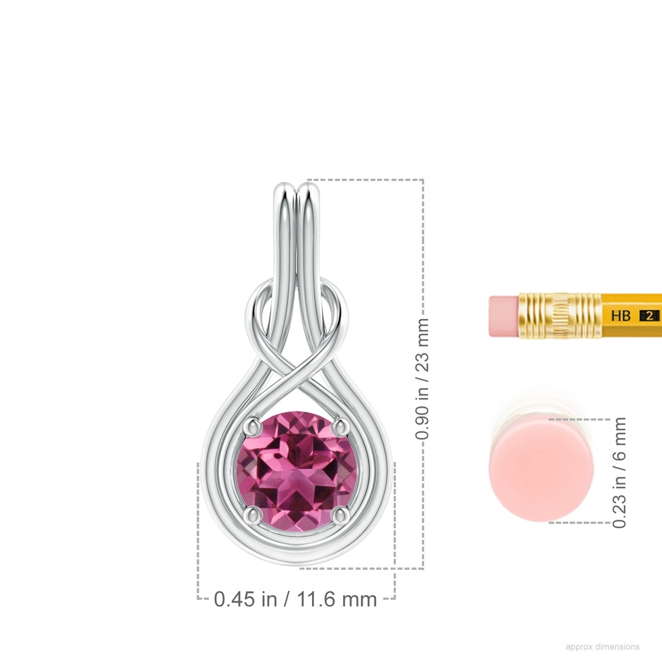 7mm AAAA Round Pink Tourmaline Solitaire Infinity Knot Pendant in White Gold ruler