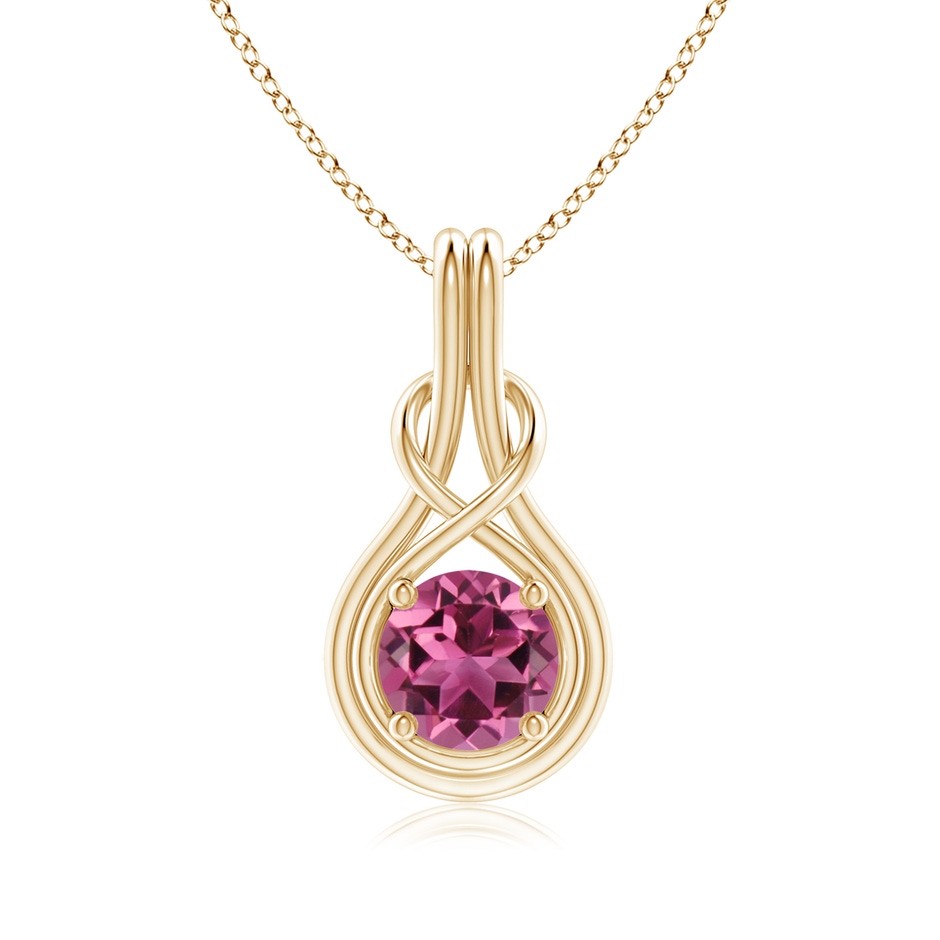 7mm AAAA Round Pink Tourmaline Solitaire Infinity Knot Pendant in Yellow Gold 
