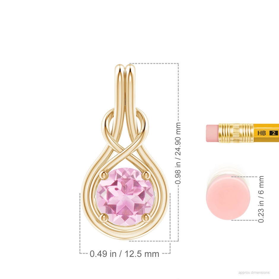 8mm A Round Pink Tourmaline Solitaire Infinity Knot Pendant in Yellow Gold ruler