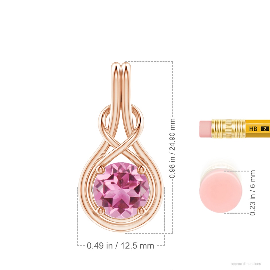 8mm AAA Round Pink Tourmaline Solitaire Infinity Knot Pendant in Rose Gold ruler