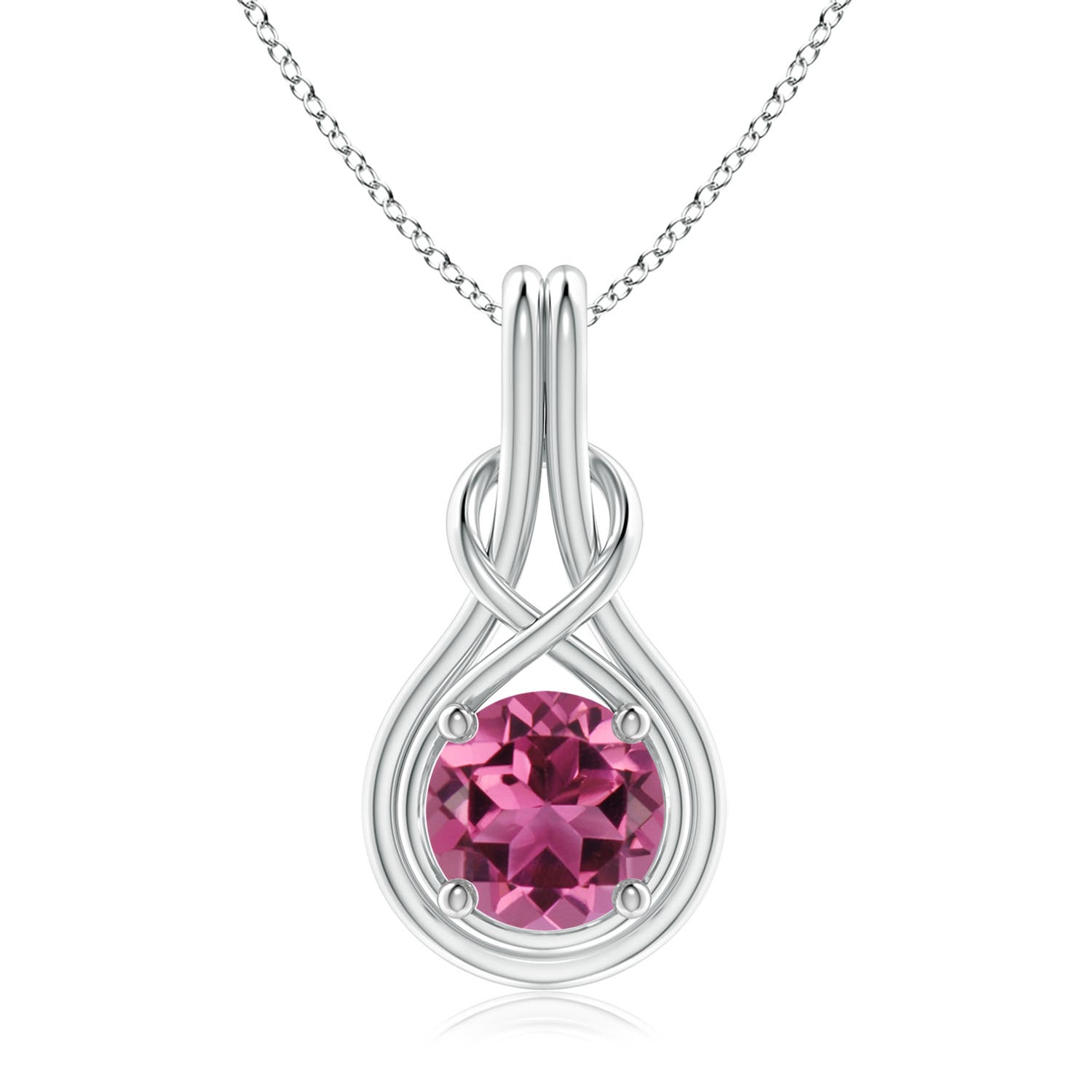 8mm AAAA Round Pink Tourmaline Solitaire Infinity Knot Pendant in White Gold