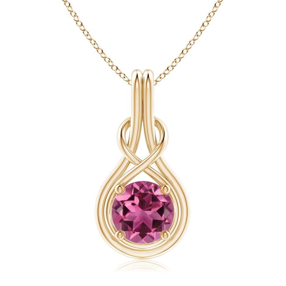 8mm AAAA Round Pink Tourmaline Solitaire Infinity Knot Pendant in Yellow Gold 