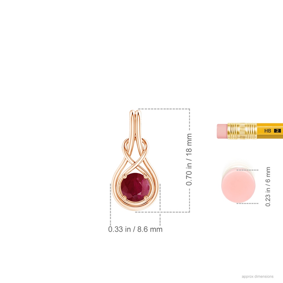 5mm A Round Ruby Solitaire Infinity Knot Pendant in Rose Gold ruler