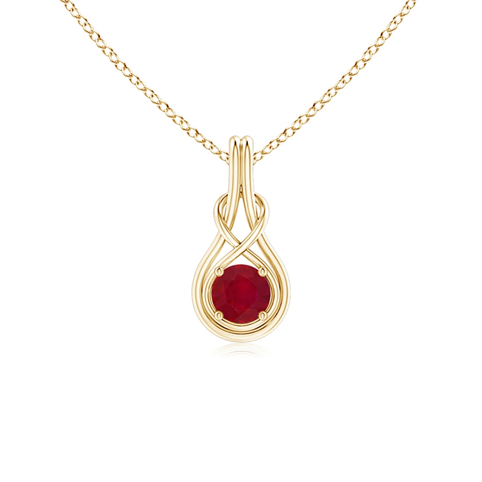 5mm AA Round Ruby Solitaire Infinity Knot Pendant in Yellow Gold 