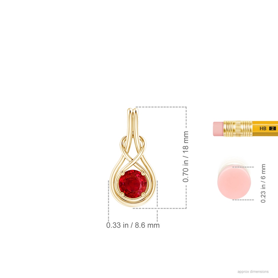 5mm AAA Round Ruby Solitaire Infinity Knot Pendant in 18K Yellow Gold ruler