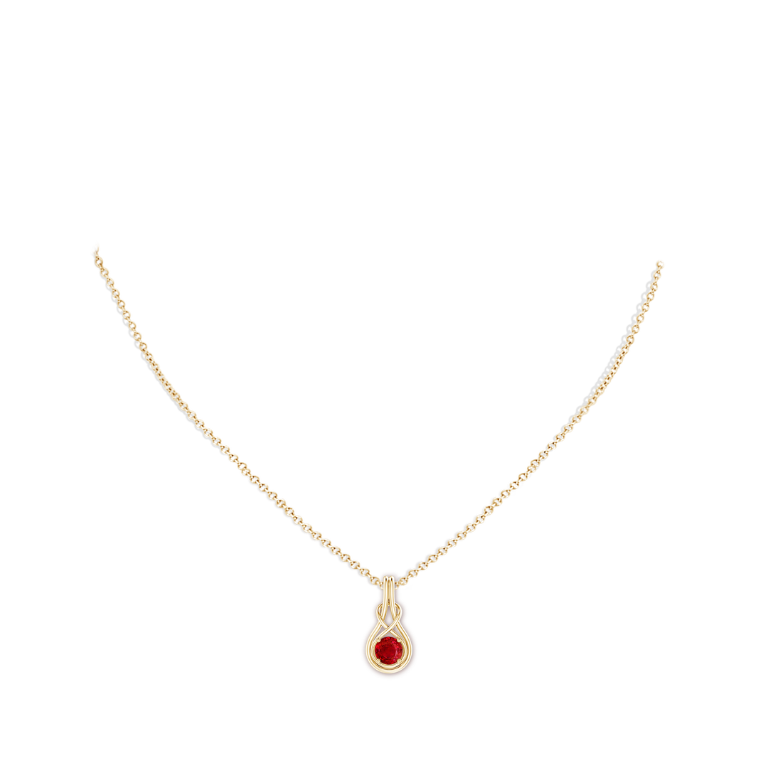 5mm AAA Round Ruby Solitaire Infinity Knot Pendant in Yellow Gold - body_neck