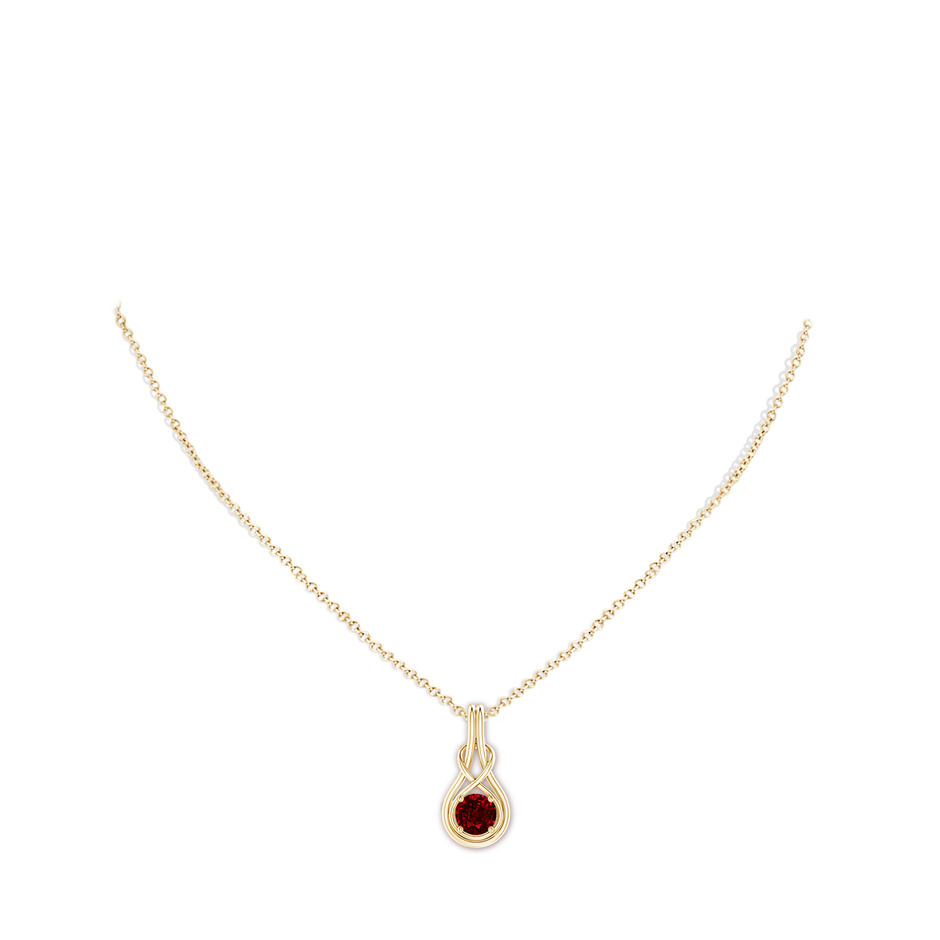 6mm AAAA Round Ruby Solitaire Infinity Knot Pendant in Yellow Gold pen