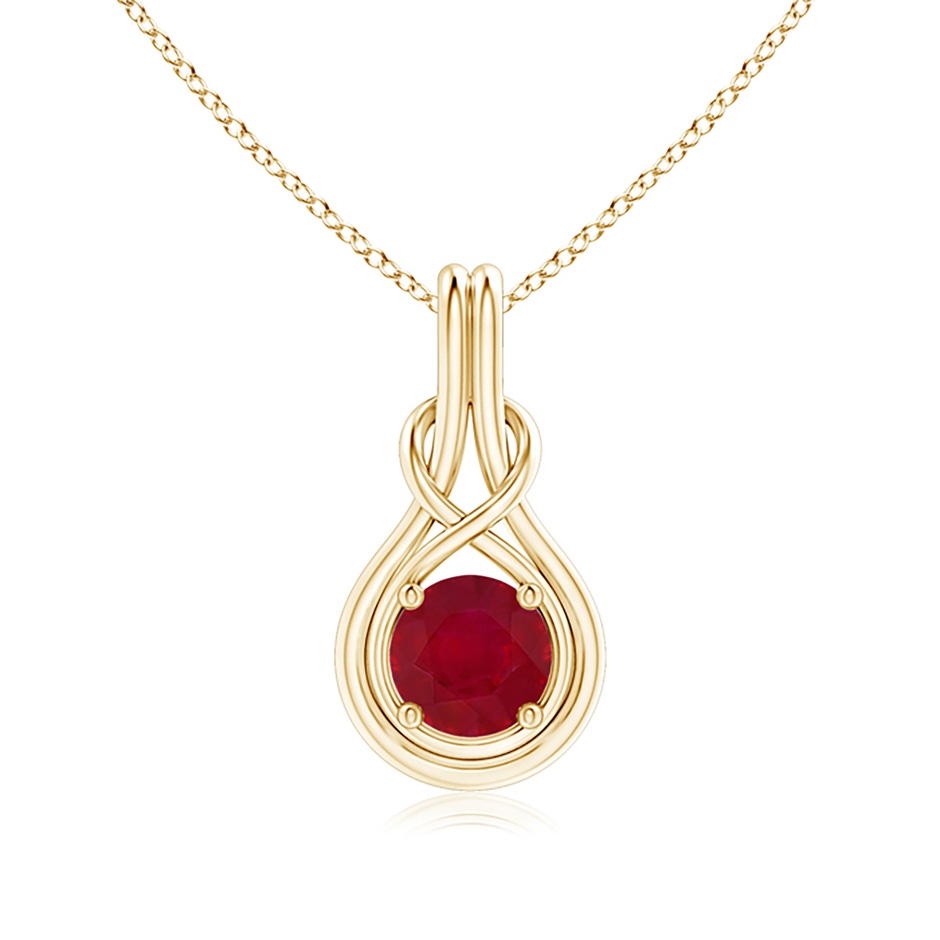 7mm AA Round Ruby Solitaire Infinity Knot Pendant in Yellow Gold 