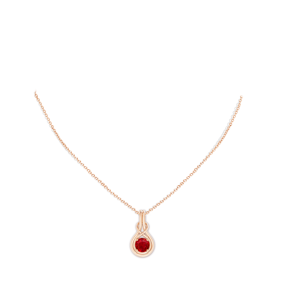 7mm AAA Round Ruby Solitaire Infinity Knot Pendant in Rose Gold pen