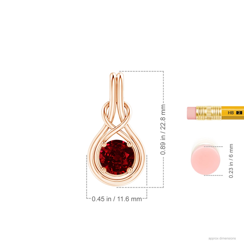 7mm AAAA Round Ruby Solitaire Infinity Knot Pendant in Rose Gold ruler