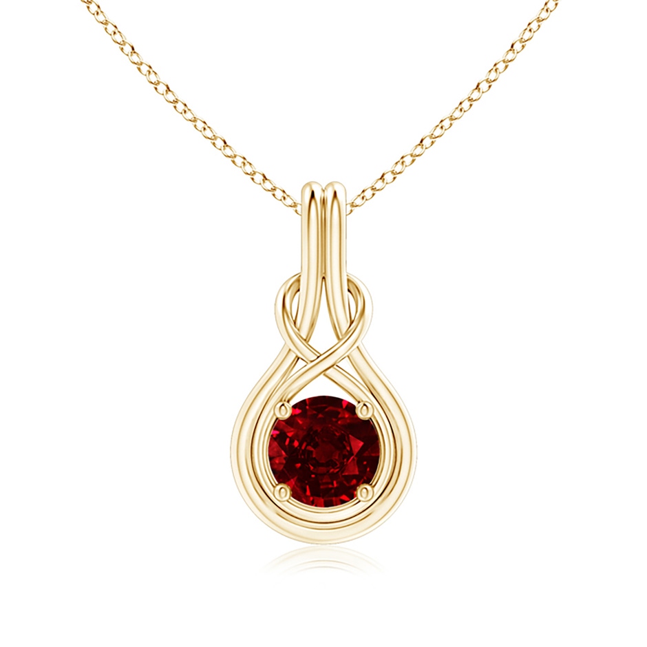 7mm AAAA Round Ruby Solitaire Infinity Knot Pendant in Yellow Gold 