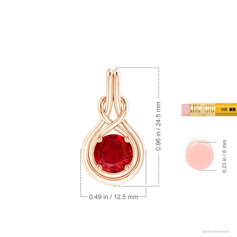 8mm AAA Round Ruby Solitaire Infinity Knot Pendant in Rose Gold ruler
