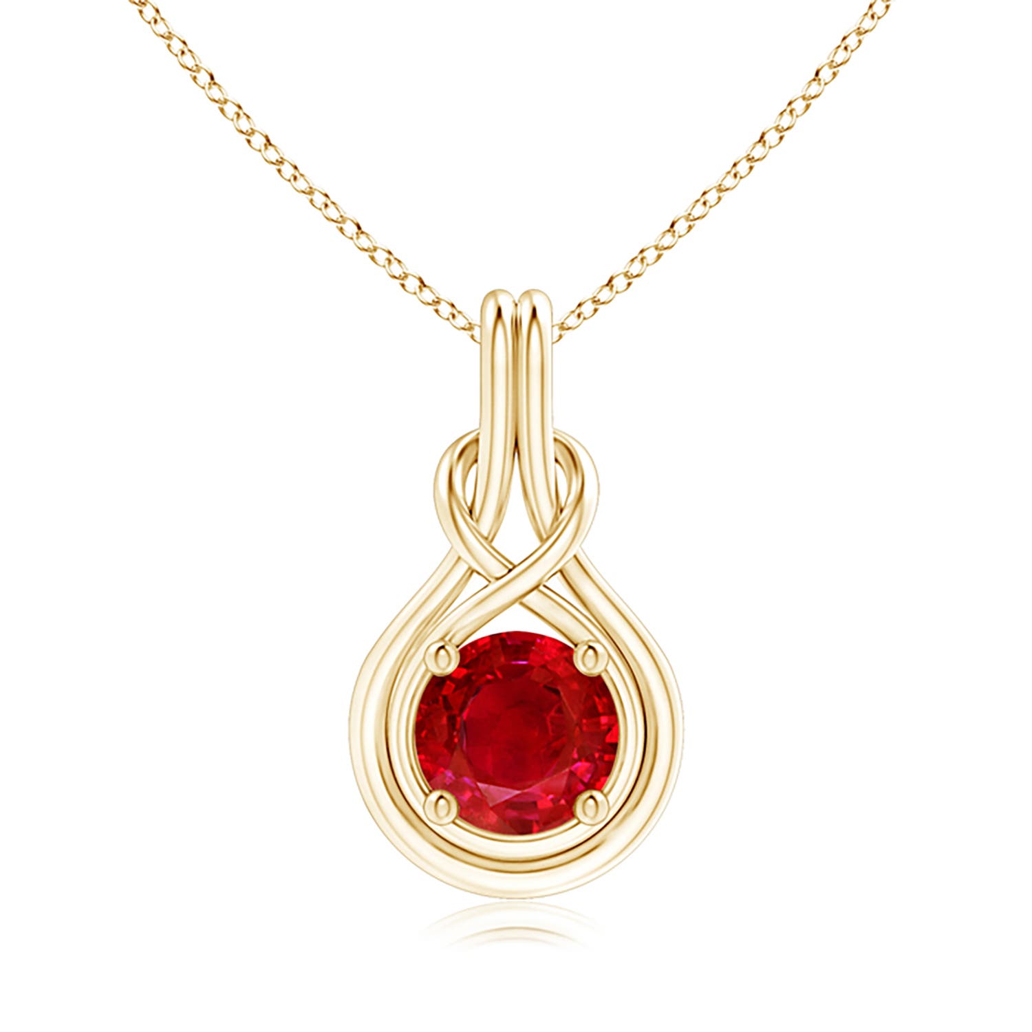 8mm AAA Round Ruby Solitaire Infinity Knot Pendant in Yellow Gold