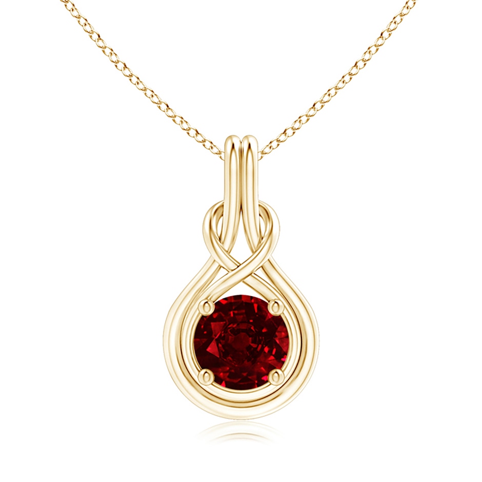 8mm AAAA Round Ruby Solitaire Infinity Knot Pendant in Yellow Gold 