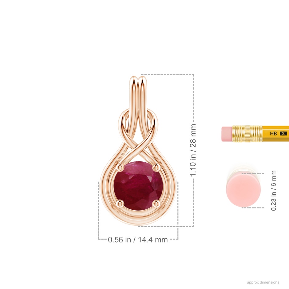 9mm A Round Ruby Solitaire Infinity Knot Pendant in Rose Gold ruler