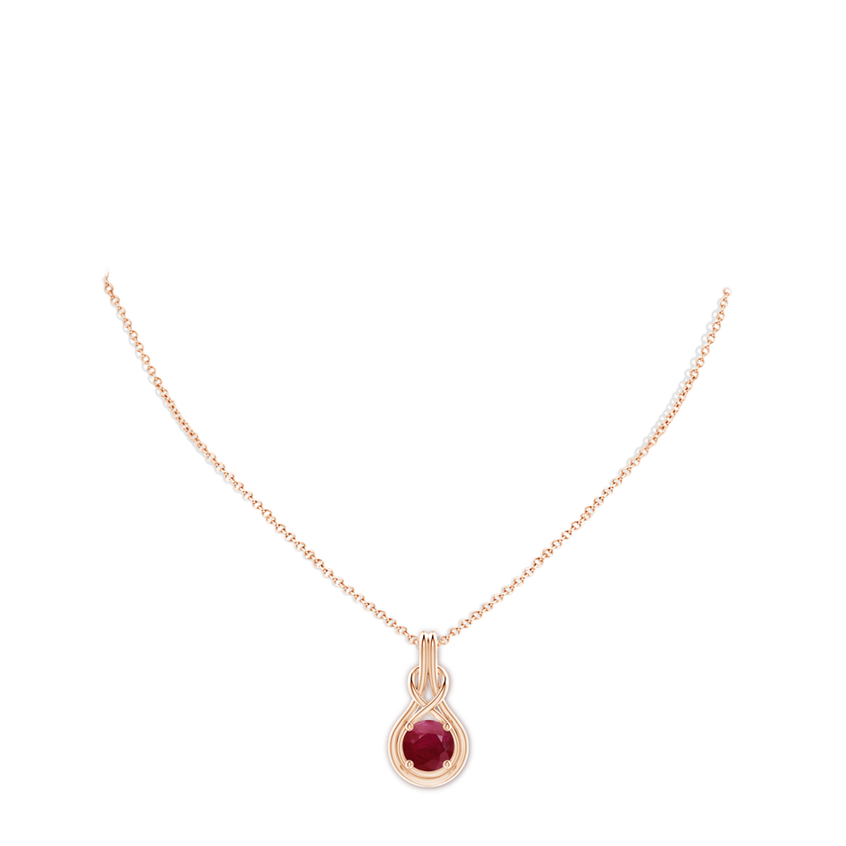 9mm A Round Ruby Solitaire Infinity Knot Pendant in Rose Gold pen