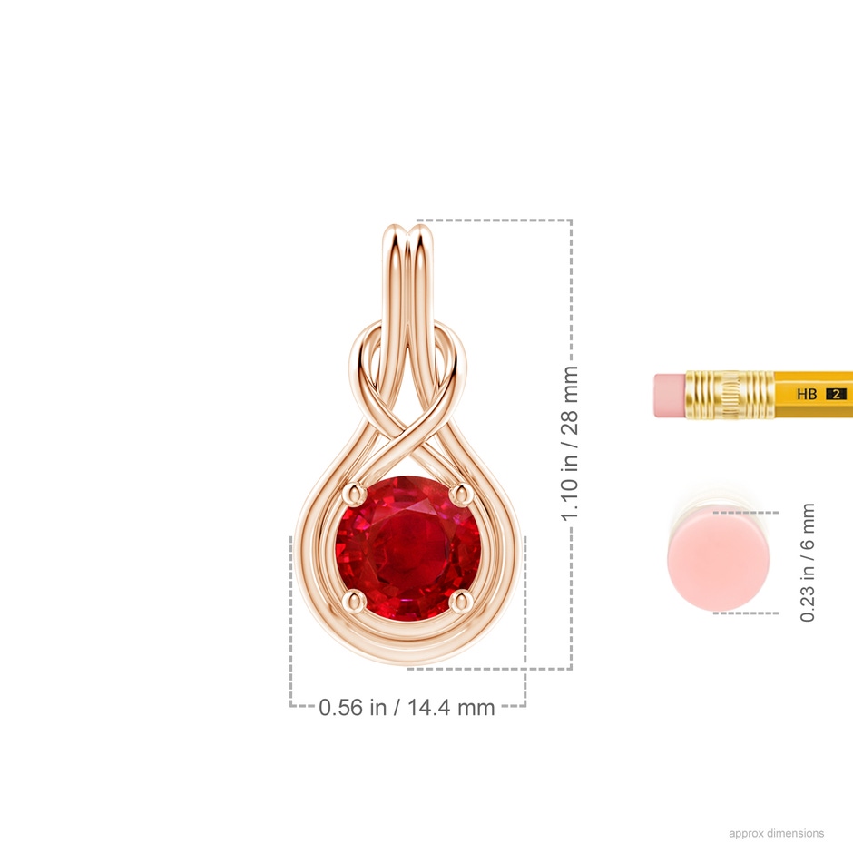 9mm AAA Round Ruby Solitaire Infinity Knot Pendant in Rose Gold ruler