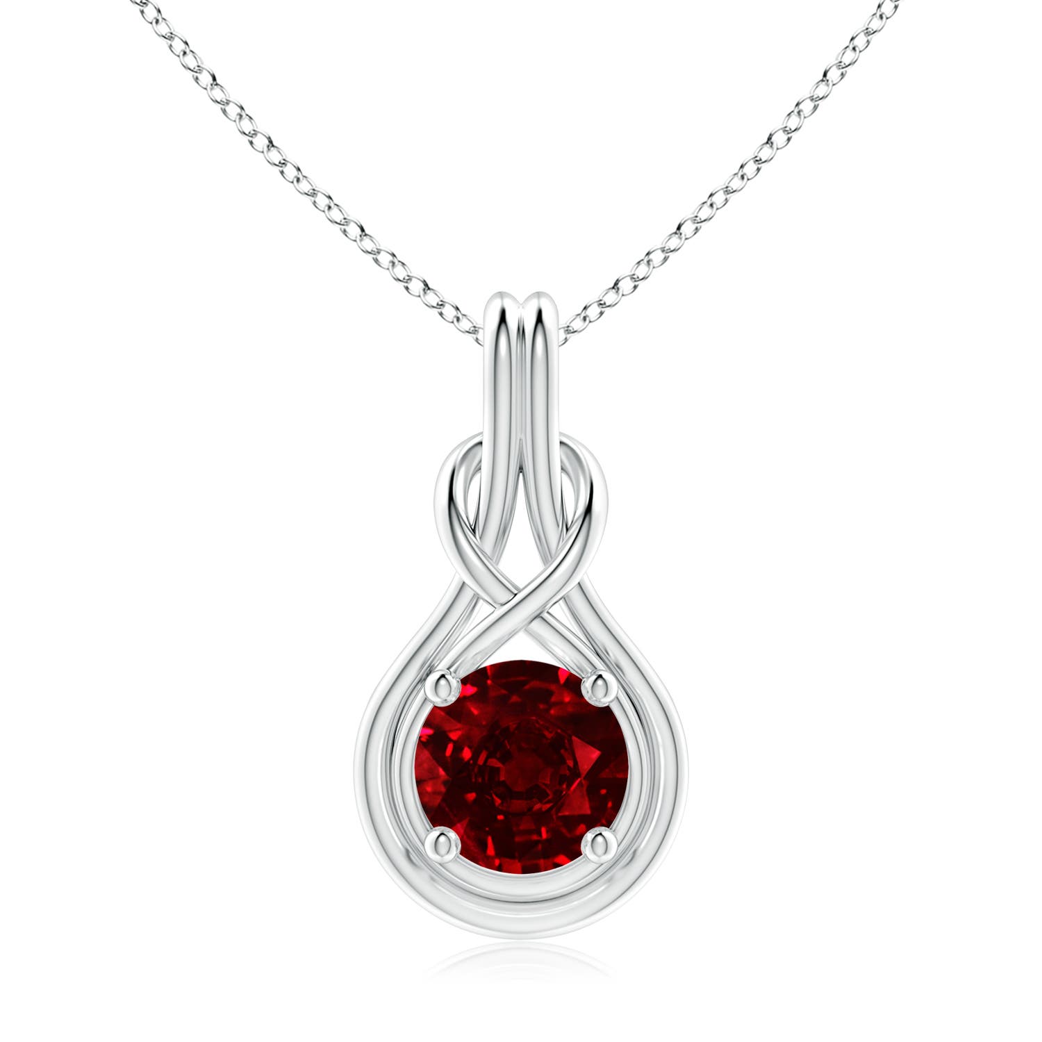 9mm AAAA Round Ruby Solitaire Infinity Knot Pendant in White Gold