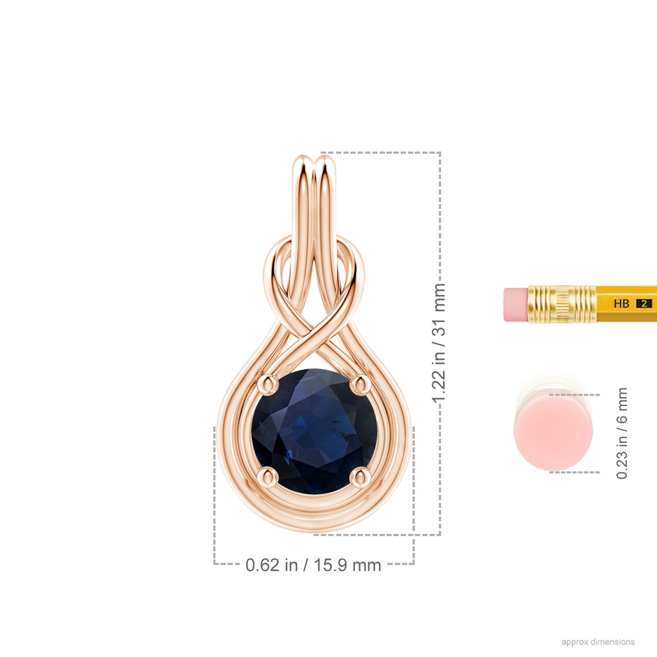 10mm A Round Sapphire Solitaire Infinity Knot Pendant in Rose Gold ruler