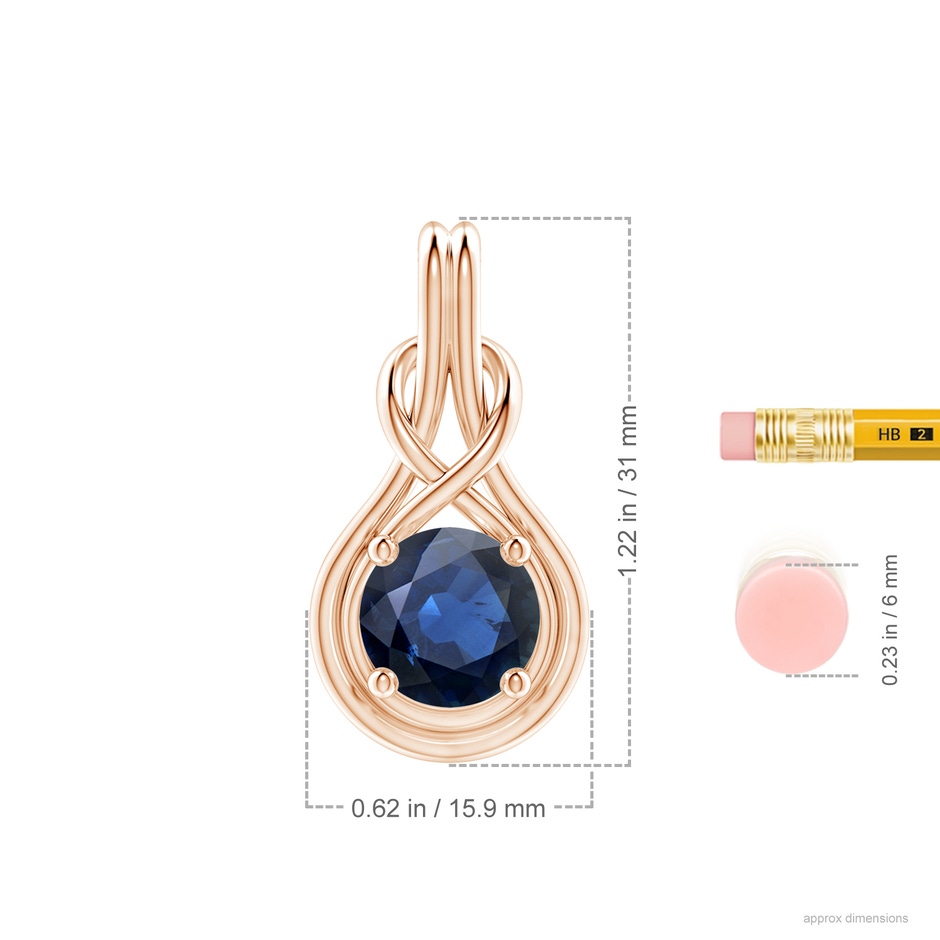 10mm AA Round Sapphire Solitaire Infinity Knot Pendant in Rose Gold ruler