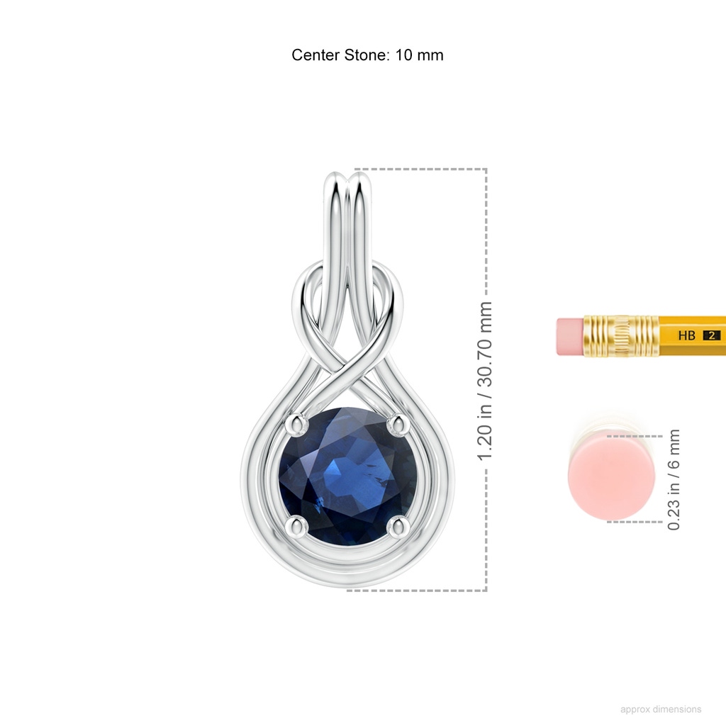 10mm AA Round Sapphire Solitaire Infinity Knot Pendant in White Gold ruler