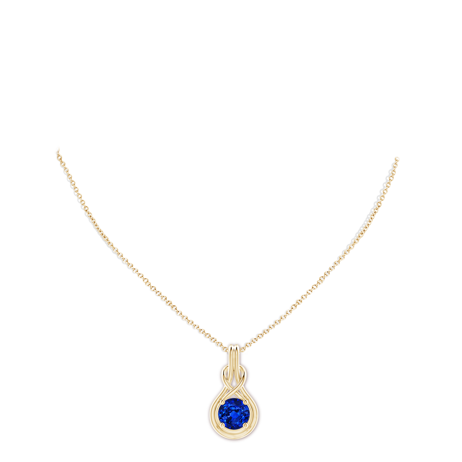 10mm AAAA Round Sapphire Solitaire Infinity Knot Pendant in Yellow Gold pen
