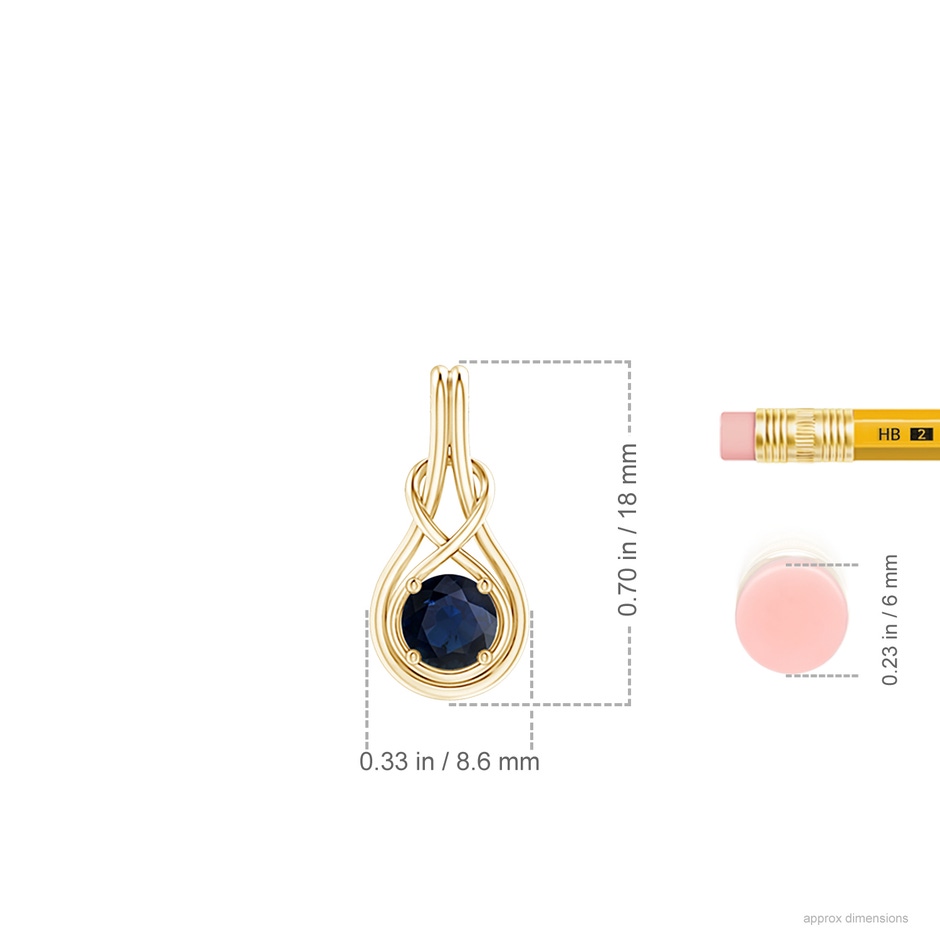 5mm A Round Sapphire Solitaire Infinity Knot Pendant in Yellow Gold ruler