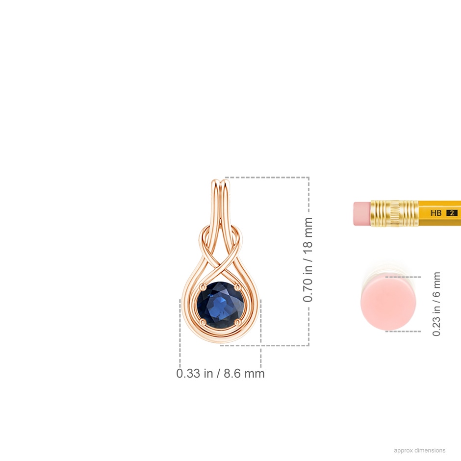 5mm AA Round Sapphire Solitaire Infinity Knot Pendant in Rose Gold ruler